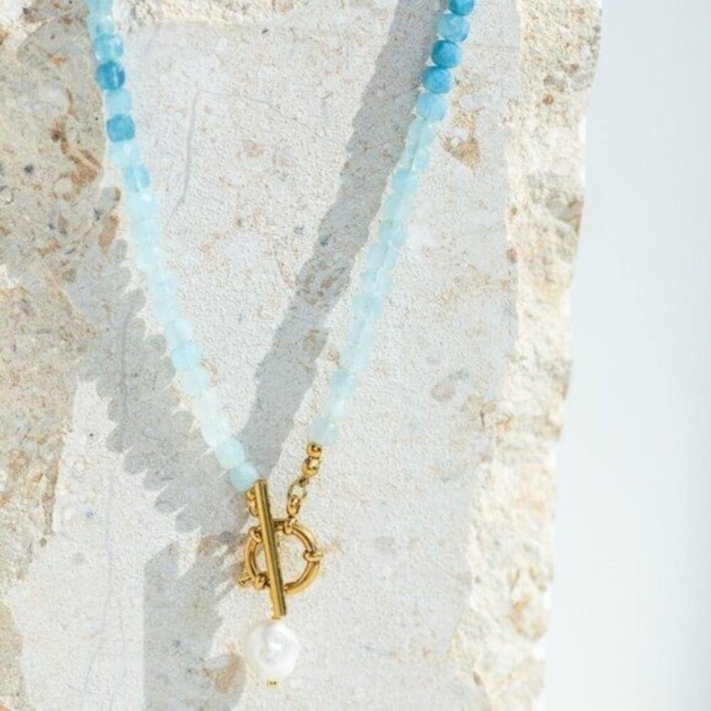 Aquamarine Beaded Necklace Ocean Blue Gemstone Jewelry Waterproof Vacation Gift - Picture 9 of 14